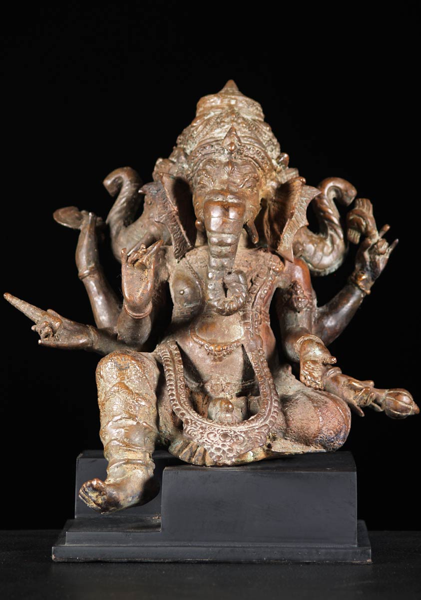 Brass Seated Trimuhkti Ganesh Statue 12.5"